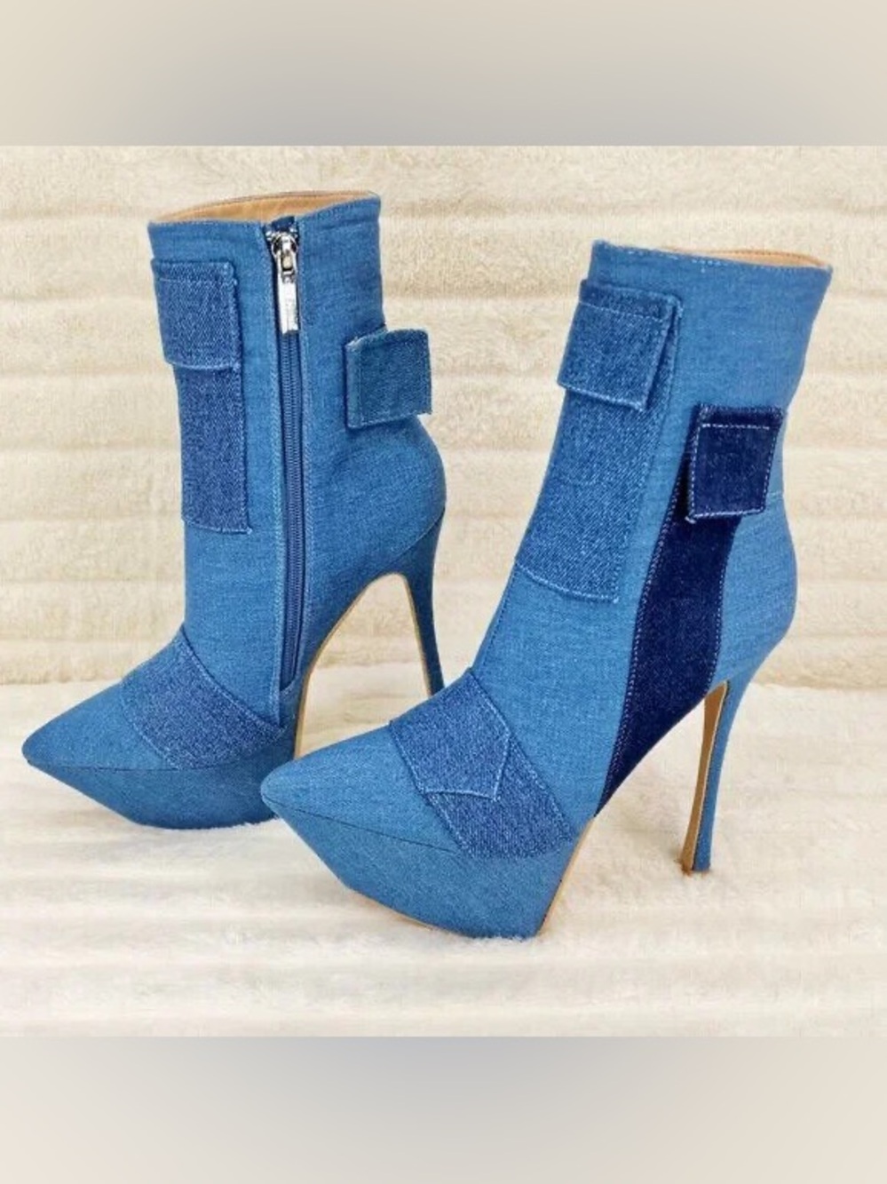 Cape Robbin Blue Denim Patchwork Stiletto Ankle Boots